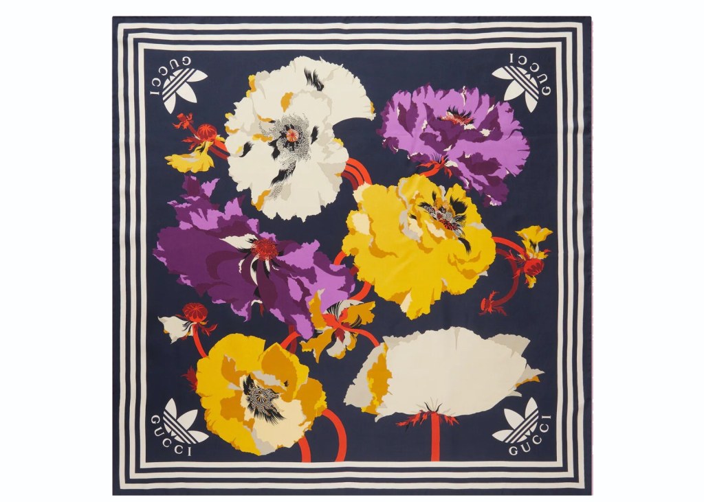 Picture of: Gucci x adidas Maxi Flower Print Silk Scarf Navy/Yellow – SS – DE