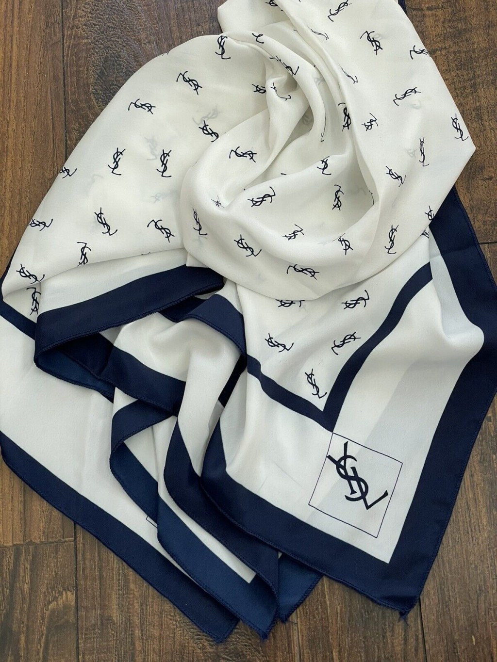 Picture of: Yves Saint Laurent Logo Women’s Silk Scarf Large Blue Navy White Vintage  ”x”